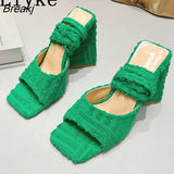 Fashion Triangle High Heels Gladiator Sandals Women Summer Corduroy Square Toe Ankle Lace-Up Lady Party Dress Shoes