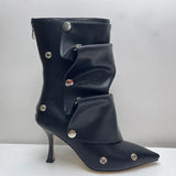 Breakj Women's Shoes New High Heel Pointed Metal Rivet Jeans Stitching Two Wear Stack Plus-Size Ankle