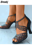 Summer Roman Women Shoes Fashion Stiletto Rhinestone Hollow Fish Closed Toe Sexy Dance Shoes Plus Size 43 Ladies