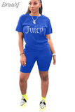 Juicy Print Tracksuit Women Round Neck Short Sleeve Tshirt And Shorts Two Piece Sets Summer Sporty Fitness Outfits