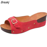 New Summer Fashion Women Slippers Fish Mouth Belt Buckle Rivet Wedge Sandals Outdoor Sports Beach Height Increase