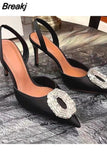 Buckle Strap Women Pumps Thin Heels Pointed Toe Designer Shoes Woman Spring Summer 2023 Rose Silk Dress Ladies