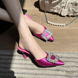 Red Women Pumps Silk Satin Pointed Toe Rhinestone Crystal High Heels Woman Wedding Pumps Slip on Cup Heeled