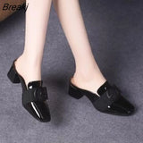 Spring and Autumn New Ladies Baotou High Heels Fashion Single Shoes British Style Leather Shoes Thick Heel Half