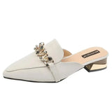 Shoes Mules For Women 2024 Ladies' Slippers Rivet Cover Toe Butterfly-Knot Low Square heel Loafers Flock New Pointed