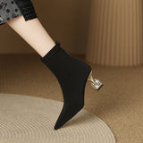 Sock Ankle Boots 2023 Spring Autumn Pointed Toe High Heel Elastic Flock Black Comfortable Booties Lady