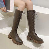 Autumn Winter Brown Knee High Boots Women Pu Leather Platform Long Boots Woman Lace Up Thick Heels High Tube