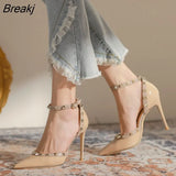Women High Heels 2023 Summer Shoes Pointed Toe Pumps Sexy Rivet Ankle Strap Thin Heels Female Sandals Ladies Shoe Party
