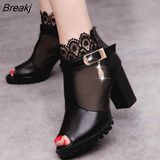 Women Sandals Mesh Lace 8CM Square High Heel Summer Shoes Woman Pumps Sexy Flower Net Hollow Peep Toe Gladiator