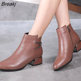 New Ankle Boots Women Pointed Toe Thick Heels Genuine Leather Shoes Short Boots Soft Sole Footwear Plus Size