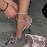 Breakj New Bow Rhinestone High Heels Sequined Pointed Hollow Strap Sandal Women's Crystal
