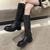 Belt Buckle Gothic Boots for Women Brown Thick Heels Knee High Combat Boots Woman Plus Size 42 Punk Long Botas