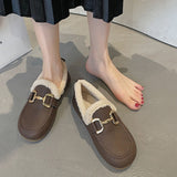 Leather Loafers Shoes Woman Boots Winter Flat Fashion Keep Warm One-step Faux Fur Casual Shoes Women Walking Flats