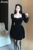 Vintage Balck Long Sleeve Dress Woman Elegant Fashion Velvet Midi Dress Korean Style Even Party Dress Casual 2023