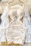 Elegant Women Floral Lace Fairy Dress Sexy Hollow Out Long Flare Sleeve Padded Square Collar Ruched Mini Party Dress