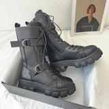 Chunky Platform Motorcycle Boots Women 2023 Autumn Winter PU Leather Mid Calf Boots Woman Thick Bottom Punk Botas