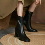 and Winter 2023 New Versatile Nude Boots Women's Thick Heel Side Zipper High Heel Simple Casual Square Short Boots