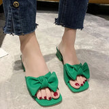 Plus Size 42 Green Bowknot Slippers Women Comfortable Low Heels Square Toe Slides Woman 2023 Summer Square Heels