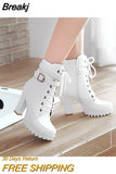 Heels Women Ankle Boots Lace Up Fall Winter Platform Ladies Boots Large Size Fashion Shoes White Black Brown