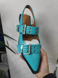 High Quality Women Sandals Pointed Toe Belt Buckle Flat Leather Femme Shoes Fashion Thick Bottom Sandals Designer