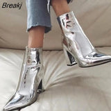 Gold Silver Patent Leather Women Ankle Boots Pointed Toe Square High Heels Shoes Chelsea Botas De Mujer 9CM Black