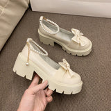 mary jane Shoes heels Fashion Round Head Band Heel Shoes Bow Pearl Square Heel Low-top Pumps Women Shoes Tacones