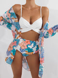 2024 New Bikini Gathering Sexy Mesh Three-Piece Set Of Split-Print Swimsuit